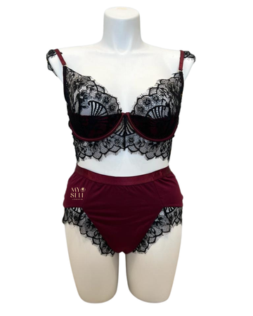 Oh La La Cheri 40-11425X Zinfandel/Black Eyelash Lace Bra and Panty Plus Size myselflingerie.com